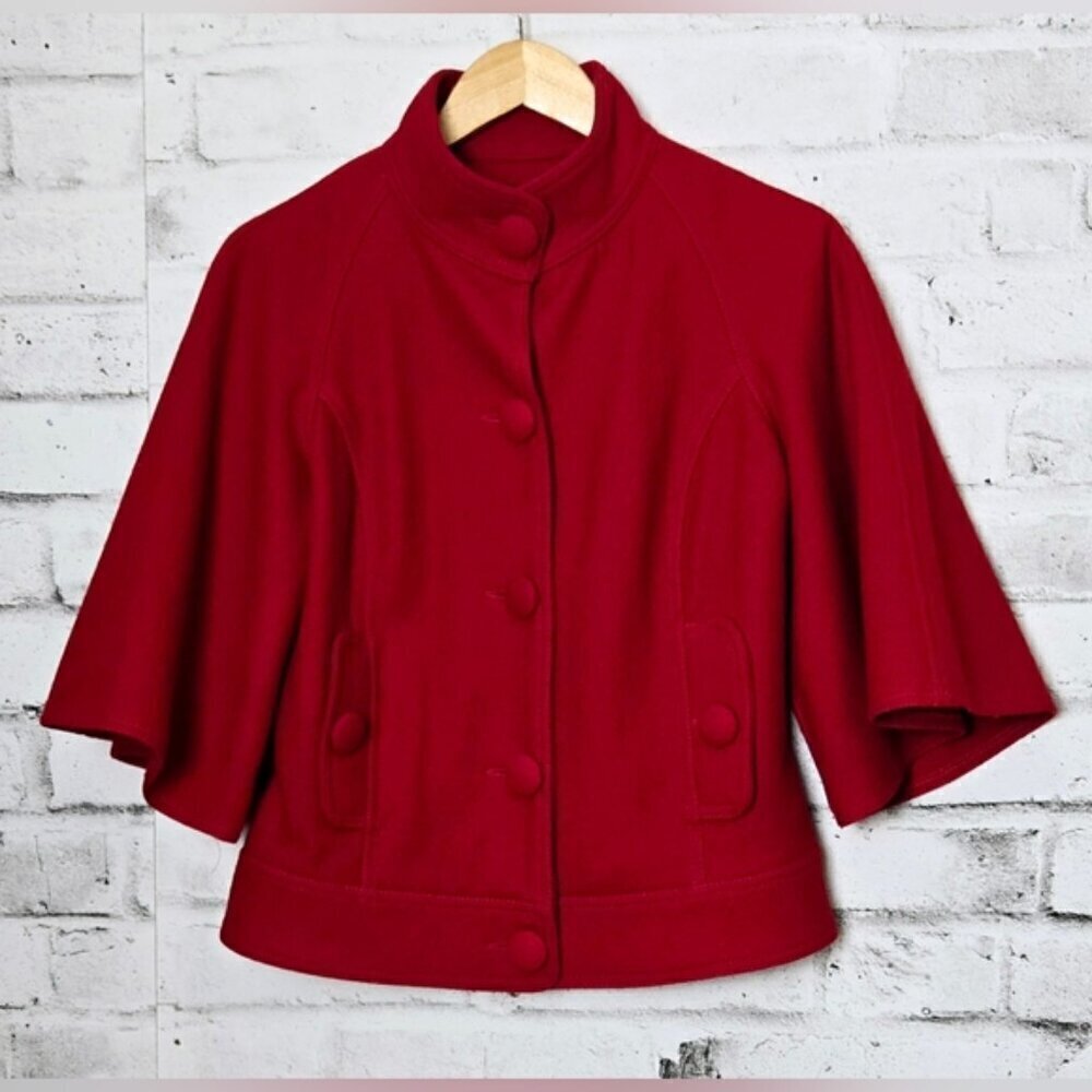 Dreamy Red Wool Pea Coat with Flare ¾ Sleeves
